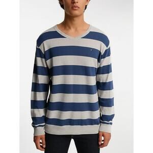 Tommy Hilfiger Sweater Flag Logo Men's Large Navy Grey Striped Crewneck Classic